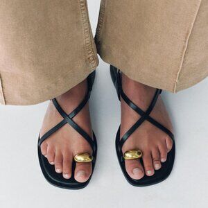 Zara Flat Strappy Sandals with Metal Toe Ornament Vegan Leather - NEW
